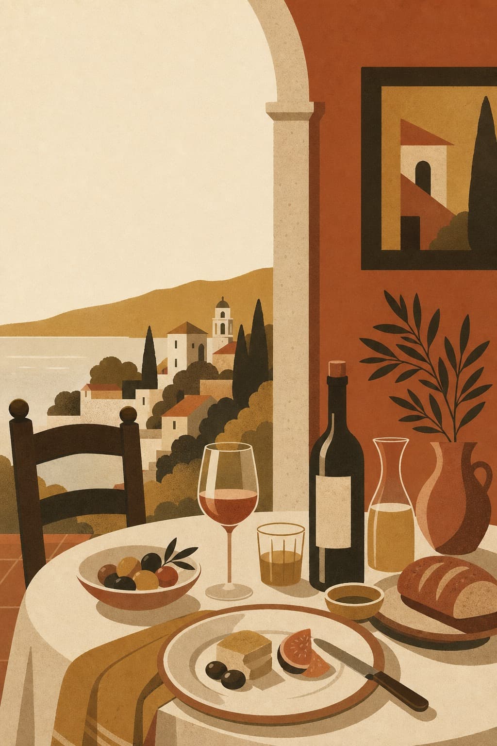 Illustrated travel scene representing the Bon Vivant archetype