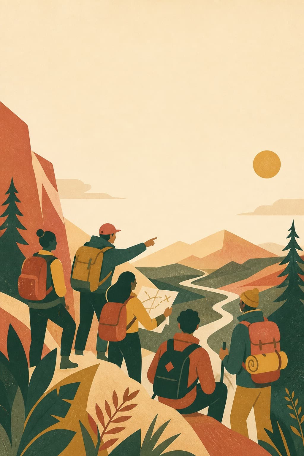 Illustrated travel scene representing the Communalist archetype