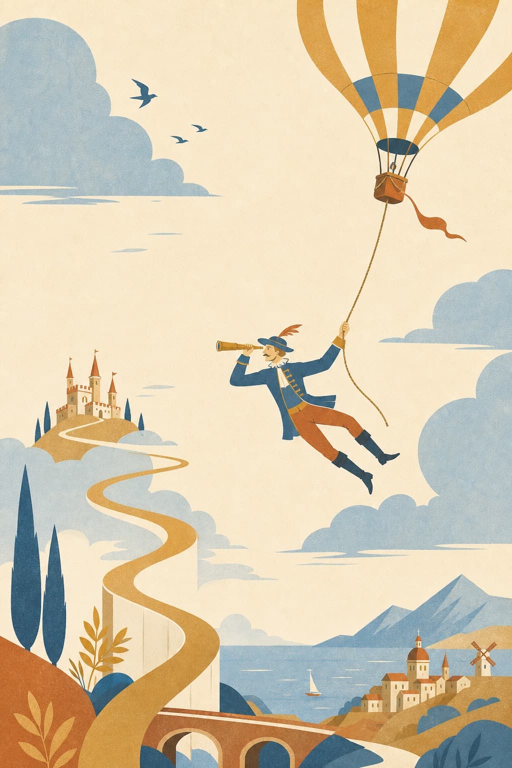 Illustrated travel scene representing the Kid-at-Heart archetype