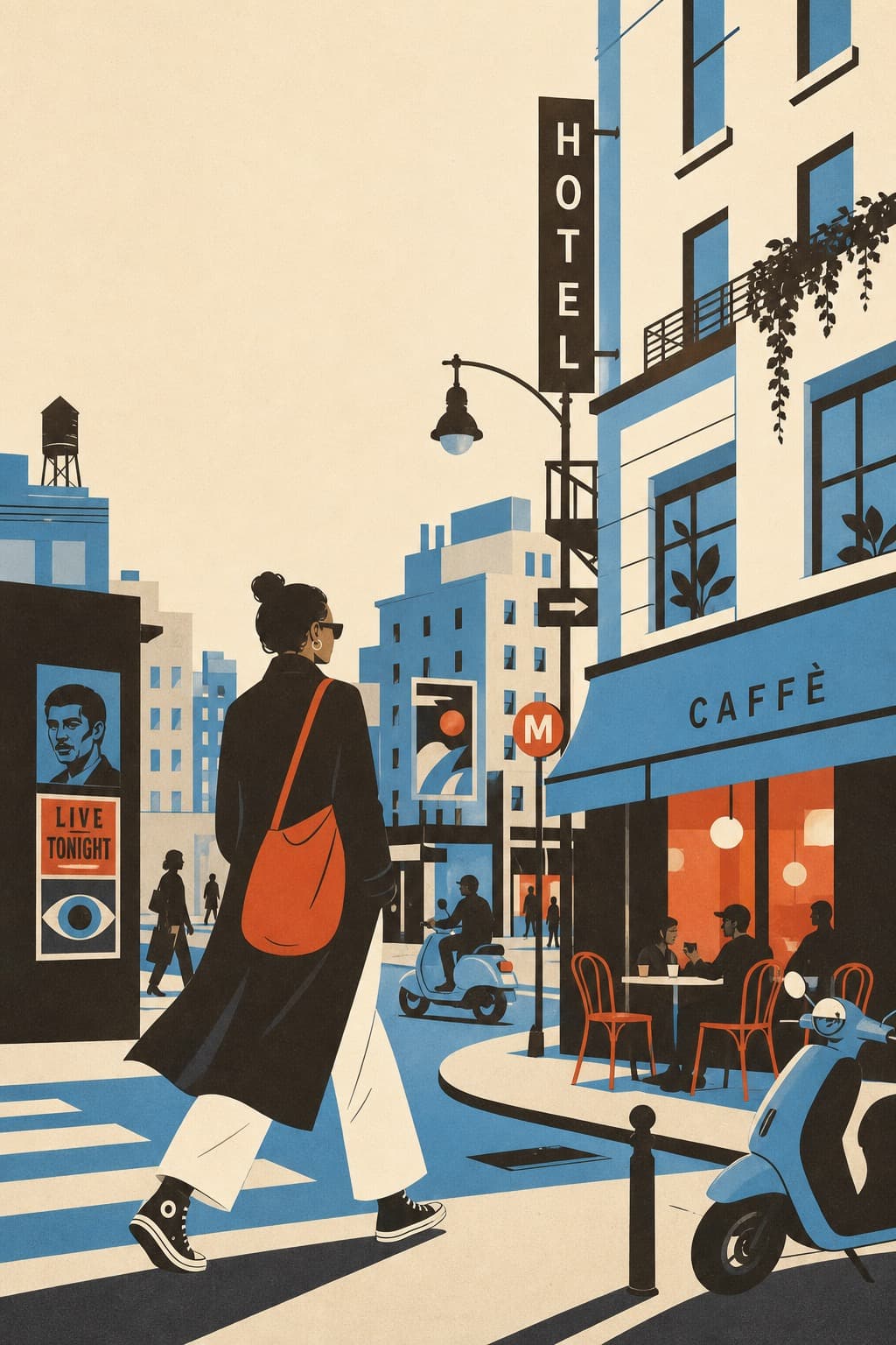 Illustrated travel scene representing the Urban Trendster archetype